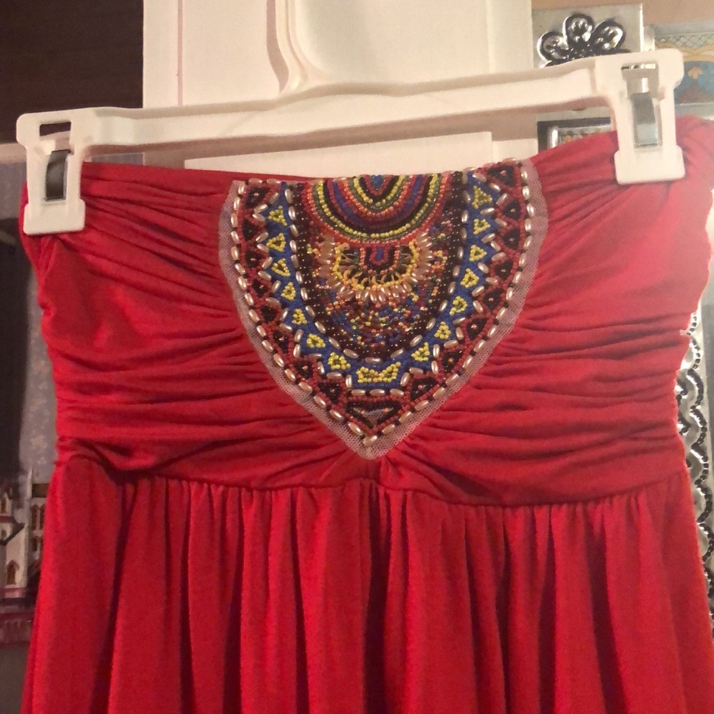 Y2K era red beaded strapless bohemian top - Picture 2 of 8